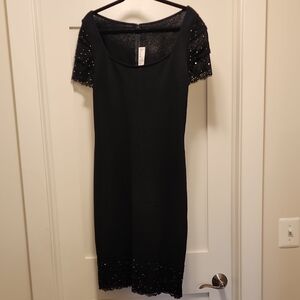 St. John Collection Black Mini Dress with Embellished Sleeves